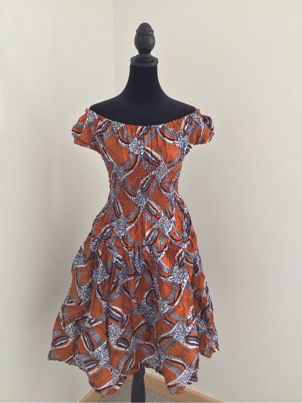 AFRICAN Print, Women’s Handmade Off-Shoulder Orange/Navy Smocked Dress
